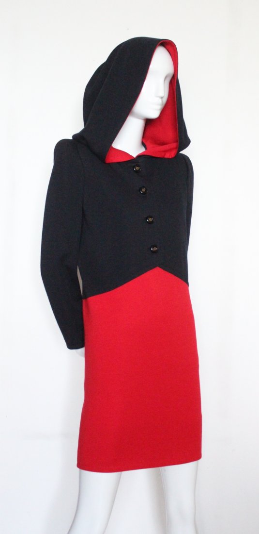 Givenchy Haute Couture Red & Black Dress, ca. 1980's: Givenchy Haute Couture Red & Black Wool Jersey Dress with Hood, ca. 1980's.
