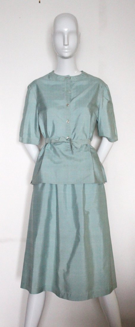 Halston Pale Blue Silk Skirt Suit, c.1970's: Halston Pale Blue Silk Shantung Skirt Suit with Matching Belt, c.1970's.