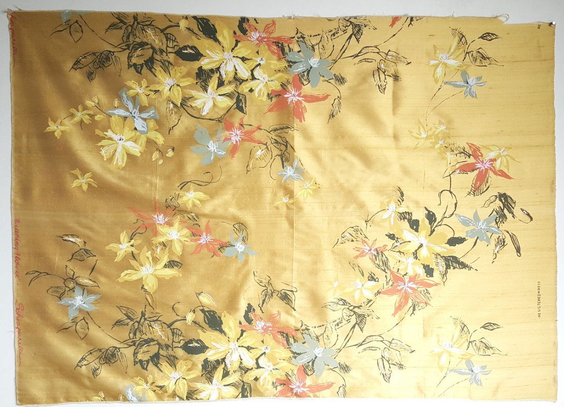 Elsa Schiaparelli Printed Silk Fabric Panel, ca. 1956: Elsa Schiaparelli Hand Printed Yellow Silk Fabric Panel, ca. 1956