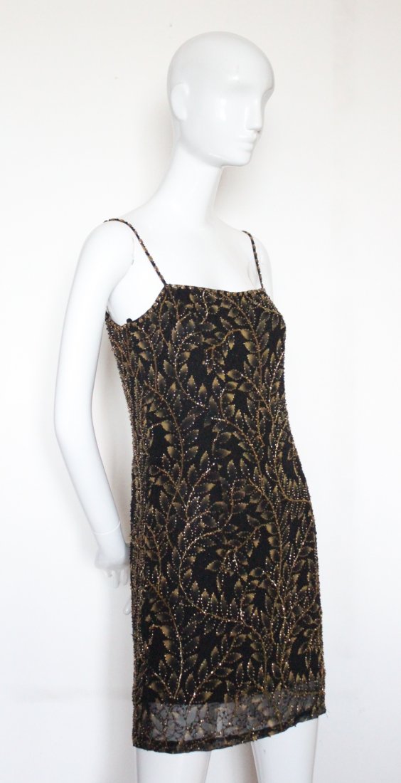 Oleg Cassini Black Tie Beaded Silk Mini Dress,ca. 1980s (1 of 4)