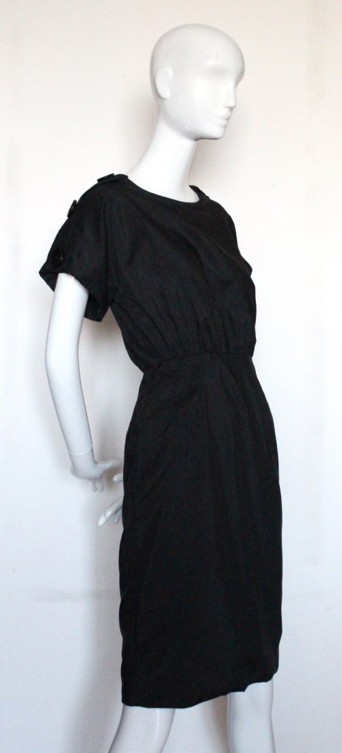 Suzy Perette New York Black Dress, ca. 1950's: Suzy Perette New York Black Dress with Button Detail on Shoulders, ca. 1950's