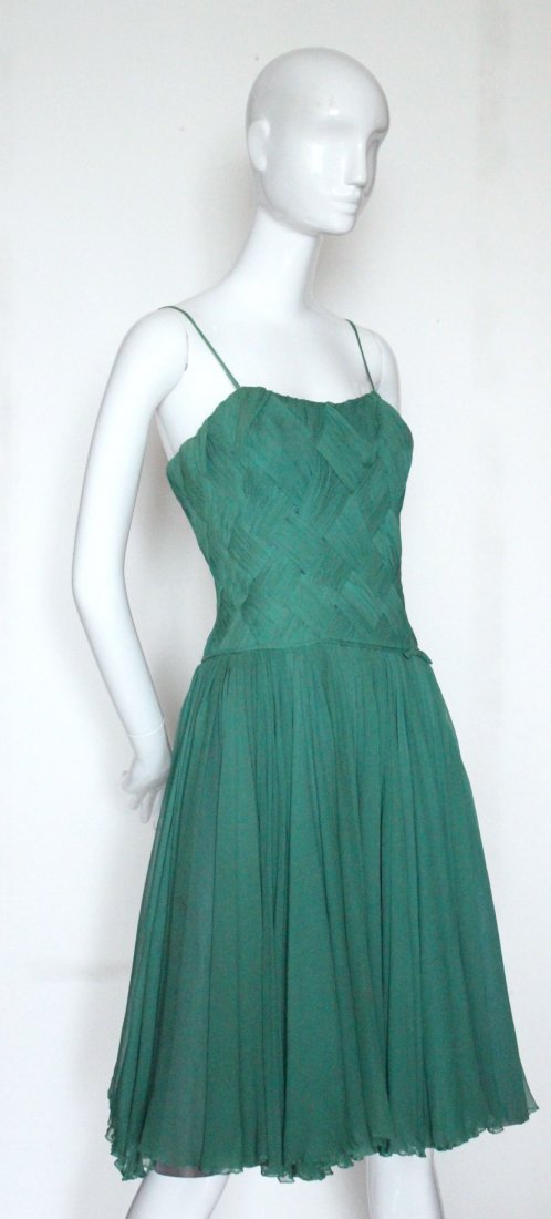 Carven Green Basket Weave Silk Cocktail Dress,ca 1950's (1 of 5)