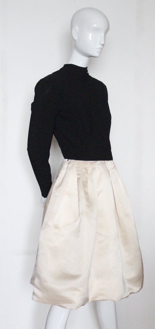 Oleg Cassini Black & Ivory Cocktail Dress, ca. 1960's: Oleg Cassini Black Crepe & Ivory Silk Satin Cocktail Dress, ca. 1960's.