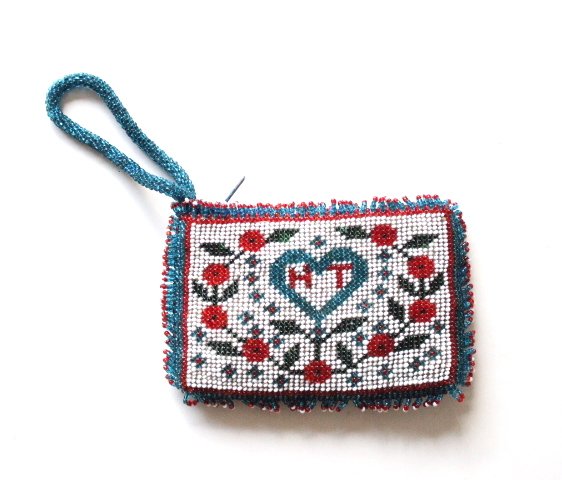 Turkish Prison Work Beaded Coin Purse, ca. 1960's-70's: Turkish Prison Work Beaded Zipper Coin Purse, ca. 1960's-70's. With rose motifs and "HT" initials.