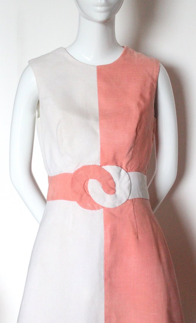 Louis Feraud Salmon & White Linen Mod Dress, ca. 1960's: Louis Feraud Paris New York Salmon & White Irish Linen Mod Dress, ca. 1960's.