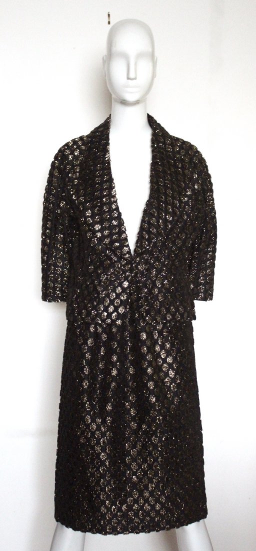 Pierre Cardin Cut Velvet Silk Suit, F/W 1964: Pierre Cardin Adaptation Metallic Polka Dot Cut Velvet Silk Suit, F/W 1964. Hand finished and silk lined. Armpit to armpit 22", skirt waist 14.".