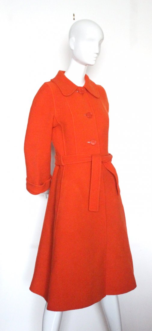 Guy Laroche Orange Wool Coat, ca. 1970's: Guy Laroche Boutique Paris Demi-Couture Orange Double Face Wool Coat, ca. 1970's. Completely hand finished. Armpit to armpit 18.5", Waist 16". Made in France.
