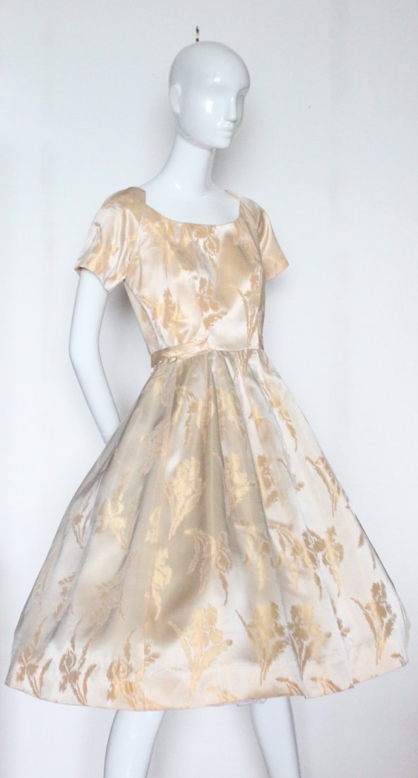 Suzy Perette New York Pale Yellow Cocktail Dress, 1950s: Suzy Perette New York Pale Yellow Irish Pattern Brocade Cocktail Dress, 1950s. Armpit to armpit 18.5", Waist 14".