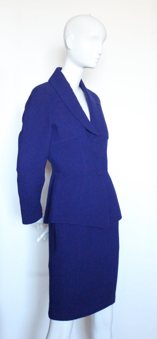 Thierry Mugler Blue Wool Crepe Suit, ca. 1990's: Thierry Mugler Ultramarine Blue Wool Crepe Suit, ca. early 1990's. Sz 38FR, Made in France. Silk lined.