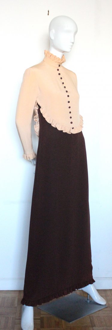 Geoffrey Beene Color Block Silk Maxi Dress, ca. 1970's: Geoffrey Beene Brown & Champagne Color Block Silk Maxi Dress, ca. 1970's.