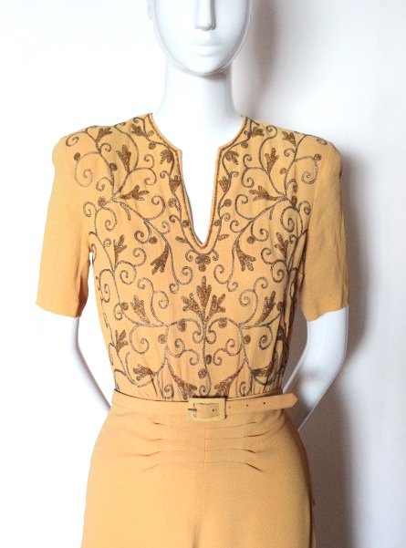 Bonwit Teller Embroidered Yellow Crepe Dress, ca.1940's (1 of 3)