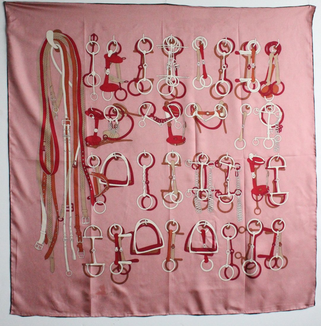 Pink Silk Twill Horse Riding Themed Scarf, ca.1970's (1 of 2)