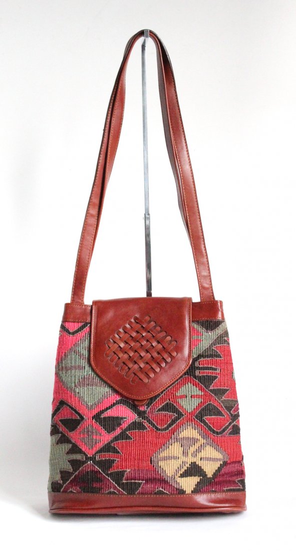 Turkish Kilim & Leather Shoulder Bag, ca. 1980's (1 of 2)