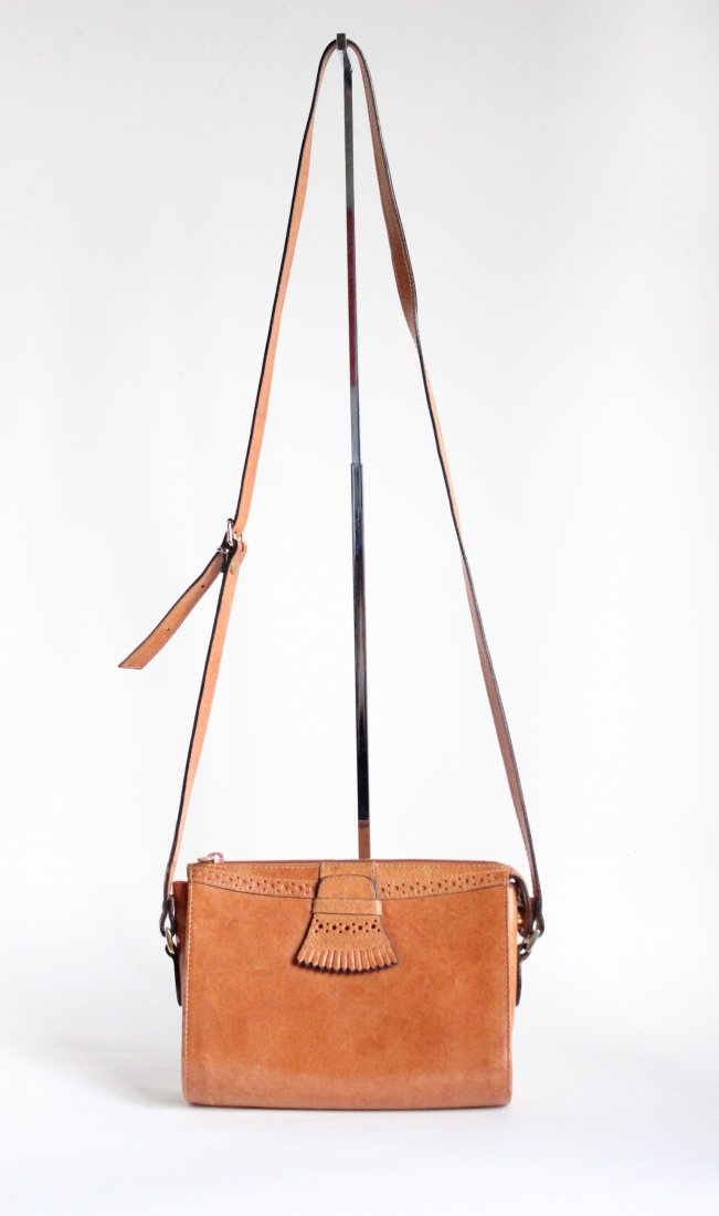 Perry Ellis Portfolio Leather Shoulder Bag ca.1980s-90s: Perry Ellis Portfolio Vegetable Tanned Natural Leather Shoulder / Crossbody Bag, ca. 1980's-1990's.