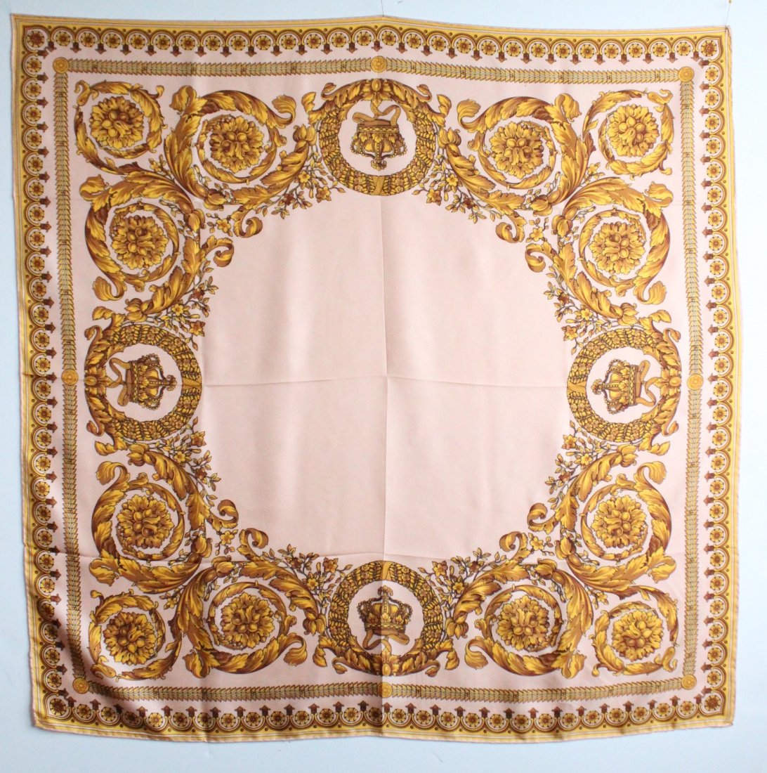 Yellow Baroque Style Print Silk Twill Scarf, ca. 1990's (1 of 2)