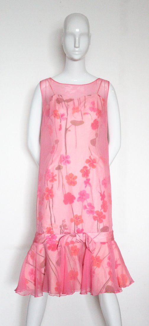 Elizabeth Arden Floral Silk & Chiffon Dress, ca. 1960's: Elizabeth Arden Ivory Floral Silk Fitted Dress with Pink Chiffon Boxy Overlay, ca. 1960's.