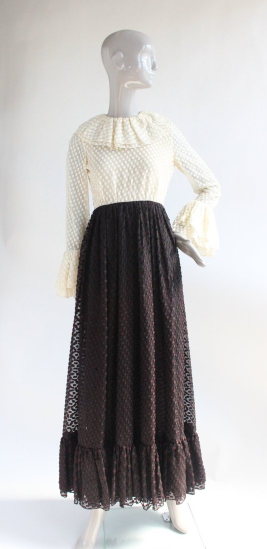 Geoffrey Beene Polka Dot Maxi Dress, ca. 1970: Geoffrey Beene Ivory & Brown on Black Silk Polka Dot Maxi Dress, ca. early 1970.