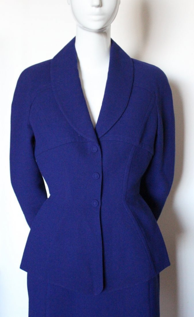 Thierry Mugler Blue Wool Crepe Suit, ca. 1990's: Thierry Mugler Ultramarine Blue Wool Crepe Suit, ca. early 1990's. Sz 38FR, Made in France. Silk lined.