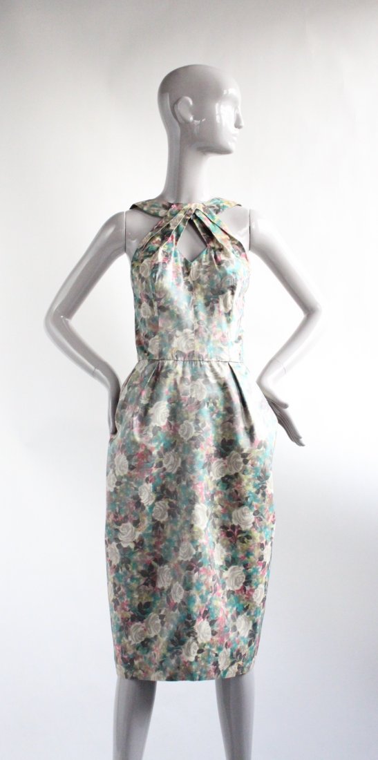 Jacques Heim Paris London Silk Cocktail Dress ca.1950's: Jacques Heim Paris London Demi Couture Warp Print Silk Cocktail Dress ca.1950's.