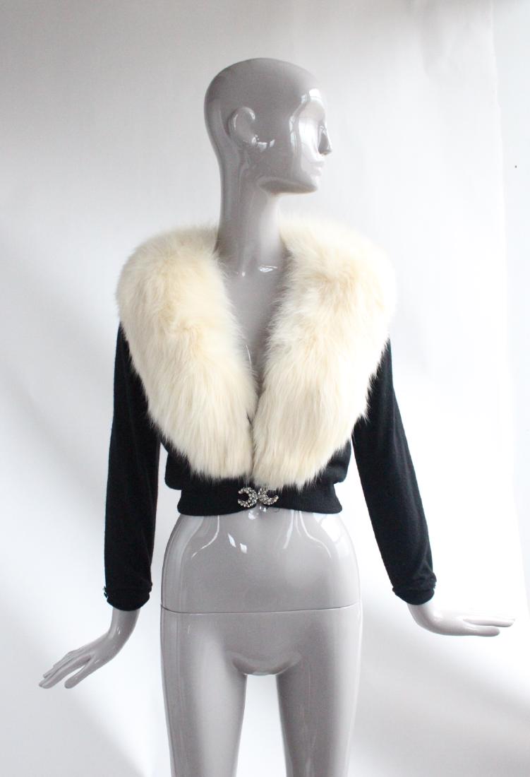 Maurice Bruder Cashmere Cardigan with Fox Fur 1950s: Maurice Bruder Black Cashmere Cardigan with Removable White Fox Collar Fur ca. 1950s
