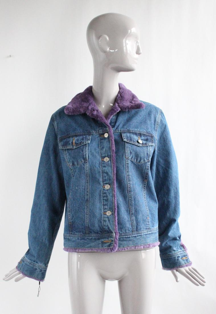 Dimitriou New York Fur Lined Denim Jacket, 1990's: Dimitriou New York Sheared Rabbit Fur Lined Denim Jacket, 1990's