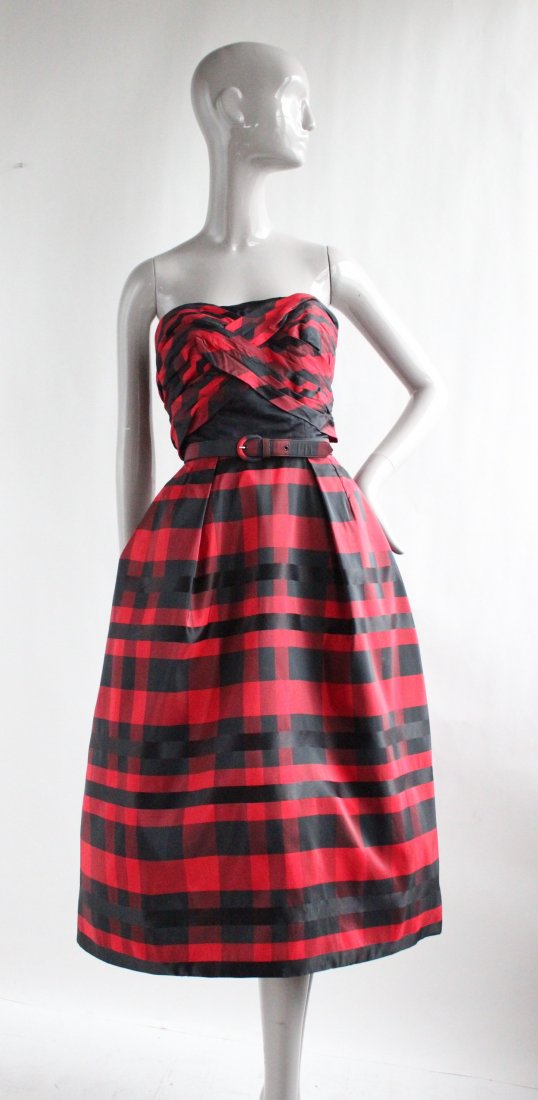 I. Magnin Importers Silk Taffeta Tartan Dress, ca.1950s (1 of 3)