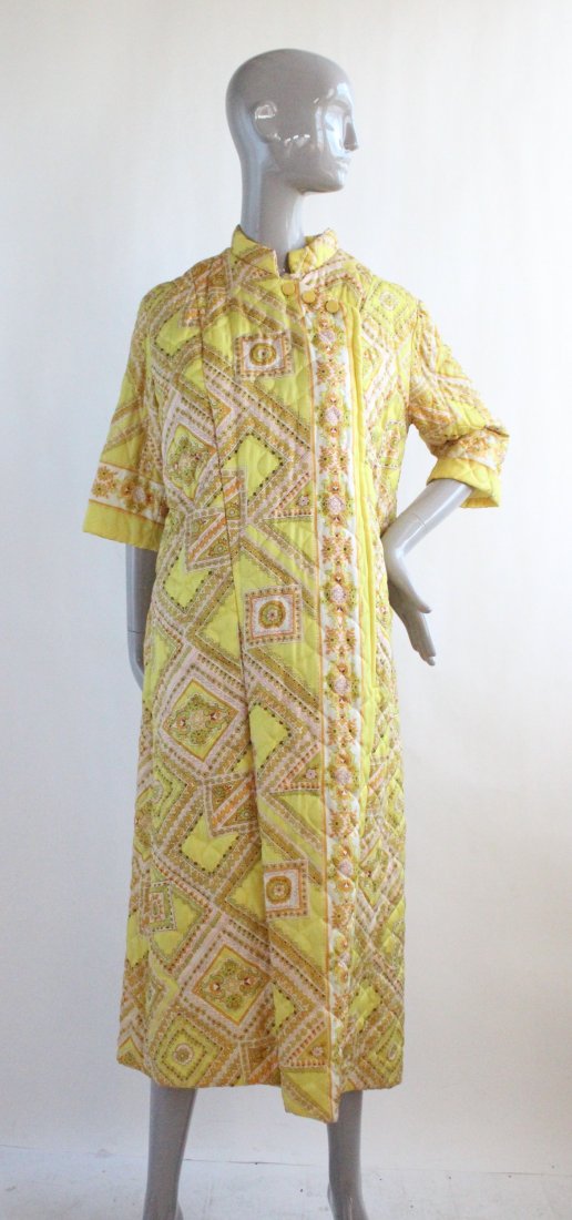 Paisley Print Yellow Quilted Hostess Dress, ca. 1970's (1 of 2)
