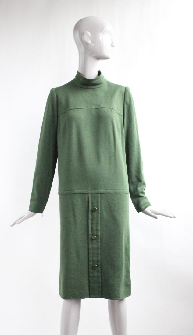 Givenchy Haute Couture Green Dress, 1980's: Givenchy Haute Couture Green Wool Jersey Dress, ca. 1980's. Hand numbered '72326' on buldoc.