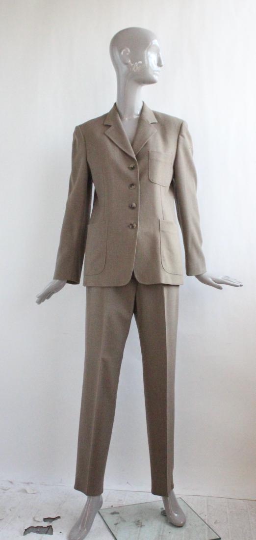 Max Mara Taupe Wool Pants Suit, 1990s: Max Mara for Bergdorf Goodman Taupe Wool & Lycra Pants Suit, 1990s. Made in Italy, Size 6 US.