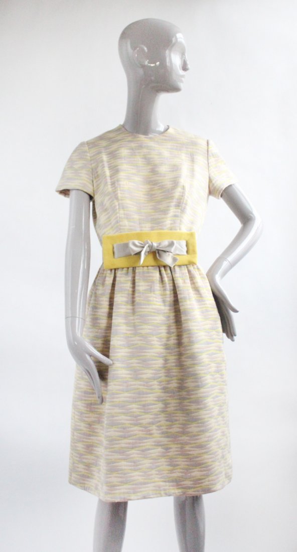 Burke & Amey Brocade Dress, ca. 1960's: Burke & Amey Brocade Dress with geometrical wool jersey belt, ca. 1960's. Fully silk lined & hand finished.