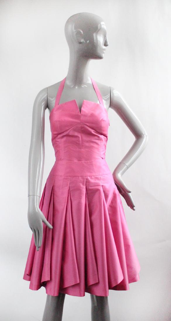 Karl Lagerfeld Pink Taffeta Dress Set, S/S 2001: Karl Lagerfeld Gallery pink taffeta top & skirt, S/S 2001. Made in France, size 36.