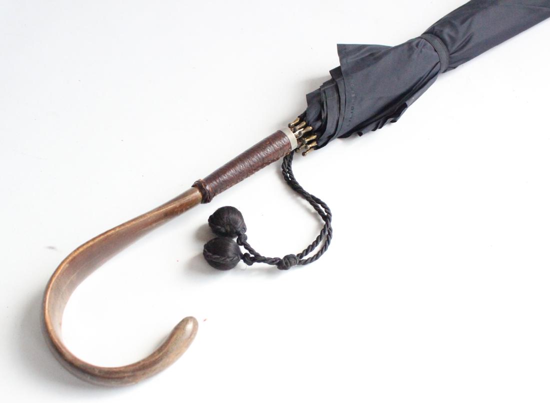 NY Umbrella Co. Black Umbrella, ca.1940s-50s: NY Umbrella Co. Black Umbrella with wooden and leather handle, ca.1940s-50s