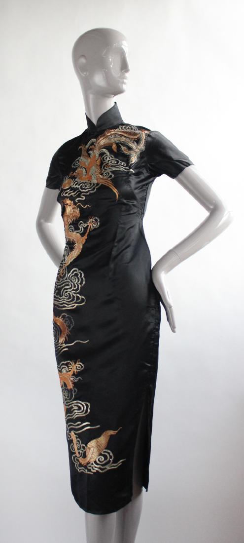 Chinese Dragon & Phoenix Embroidered Satin Dress, 1950s (1 of 4)