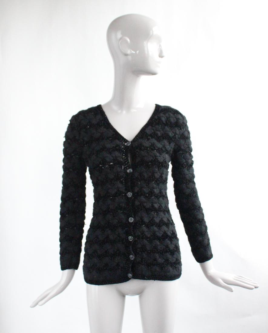 Yves Saint Laurent Black Knit Cardigan, ca.1973: Yves Saint Laurent Black Wool & Chenille Knit Cardigan, ca. 1973
