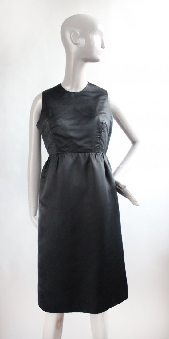 Balenciaga Eisa Haute Couture Black Satin Dress, 1960s: Eisa Baleciaga Haute Couture Silk Satin Dress, ca. 1960s. Bodice has a boned corset attached.