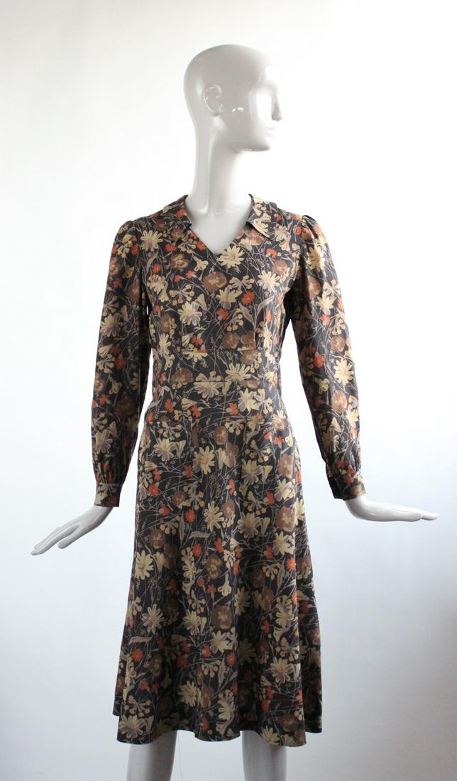 John Bates London Silk Dress, 1970s: John Bates London Floral Print Silk 1940â€™s style Dress, 1970s.
