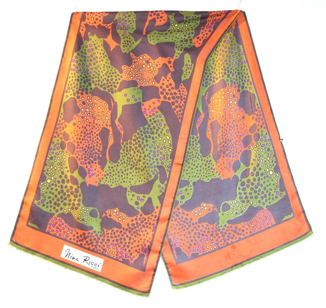 Nina Ricci Silk Scarf, ca. 1960s-70s: Nina Ricci Paris Silk Scarf, ca. 1960s-70s. Made in France.
