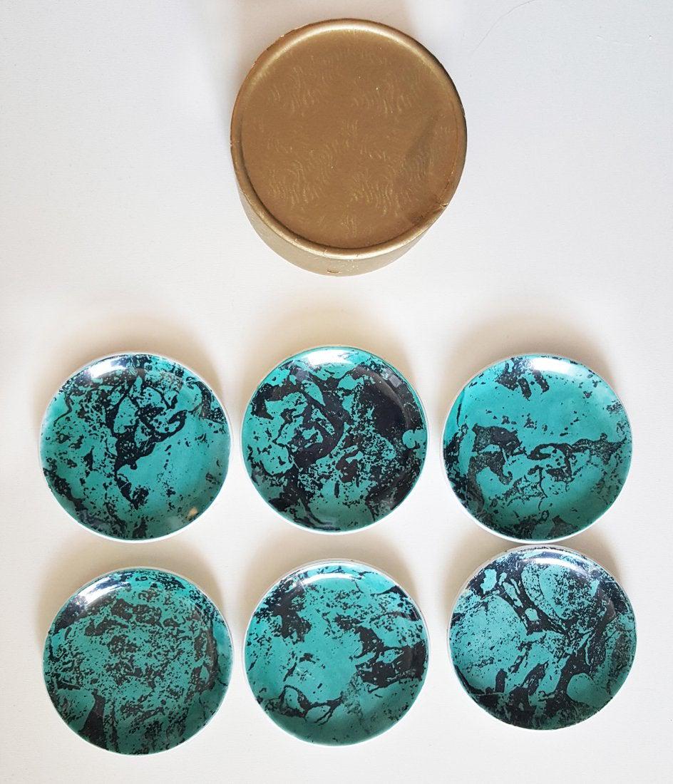 Bucciarelli Milano Green Marble Pattern Coasters, 1950s: Bucciarelli Milano Set of 7 Green Marble Pattern Coasters,ca. 1950-60s. Made in Italy. Comes with the original box.