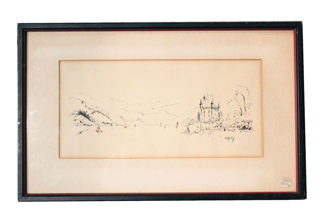 Betty Guy (1920-2016) Ink on Paper Landscape Drawing: American Listed Artist Betty Guy (1920-2016) Black ink on Paper with red highlights Landscape Drawing