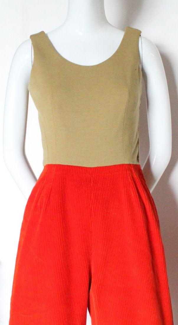 Geoffrey Bennee Knit & Corduroy Jumpsuit, 1960's: Geoffrey Benne Mustard Wool Knit & Orange Corduroy Jumpsuit, 1960's. Labelled 'Geoffrey Beene' . Bust: 32", Waist: 24", Hip 30"
