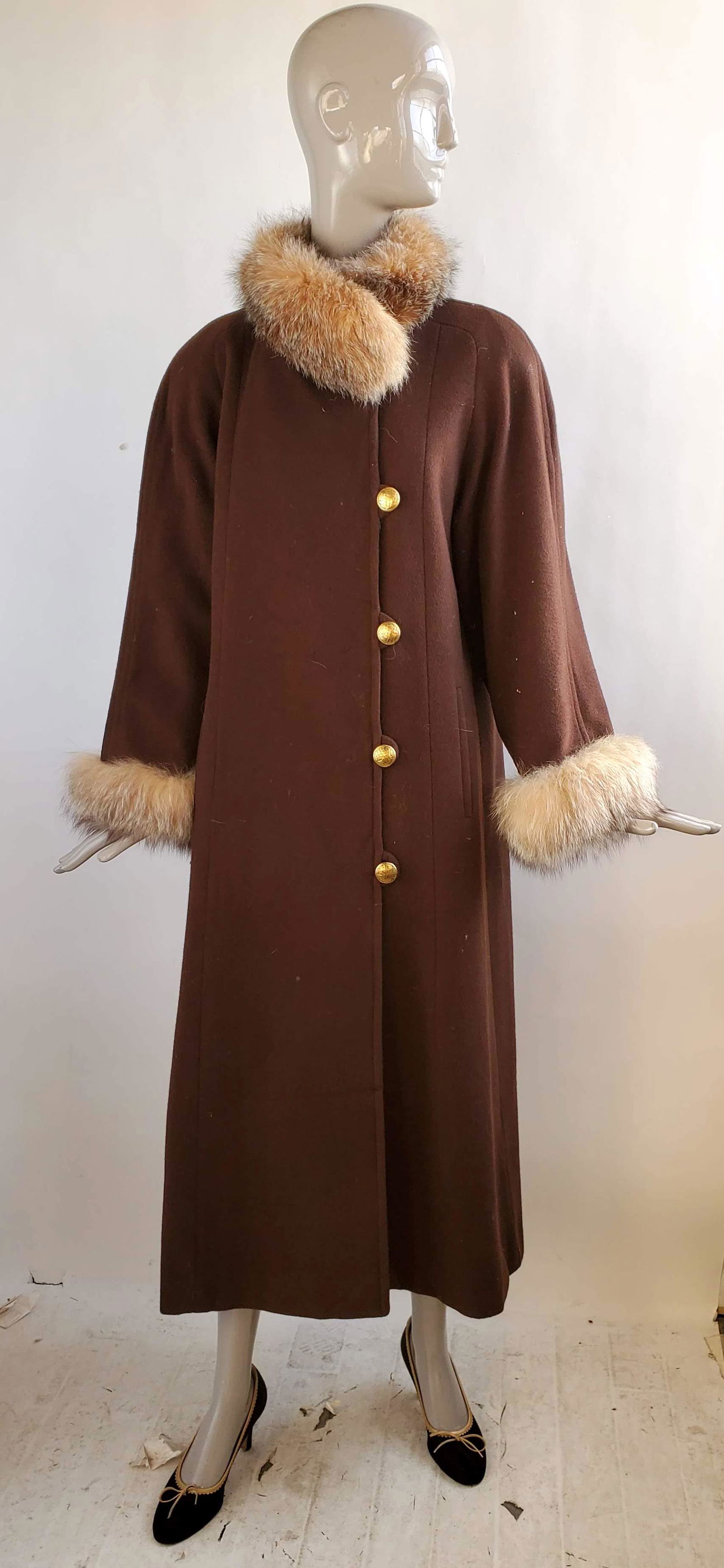 Flemington Furs Brown Coat with Fox Fur Trim, 1980s (1 of 6)