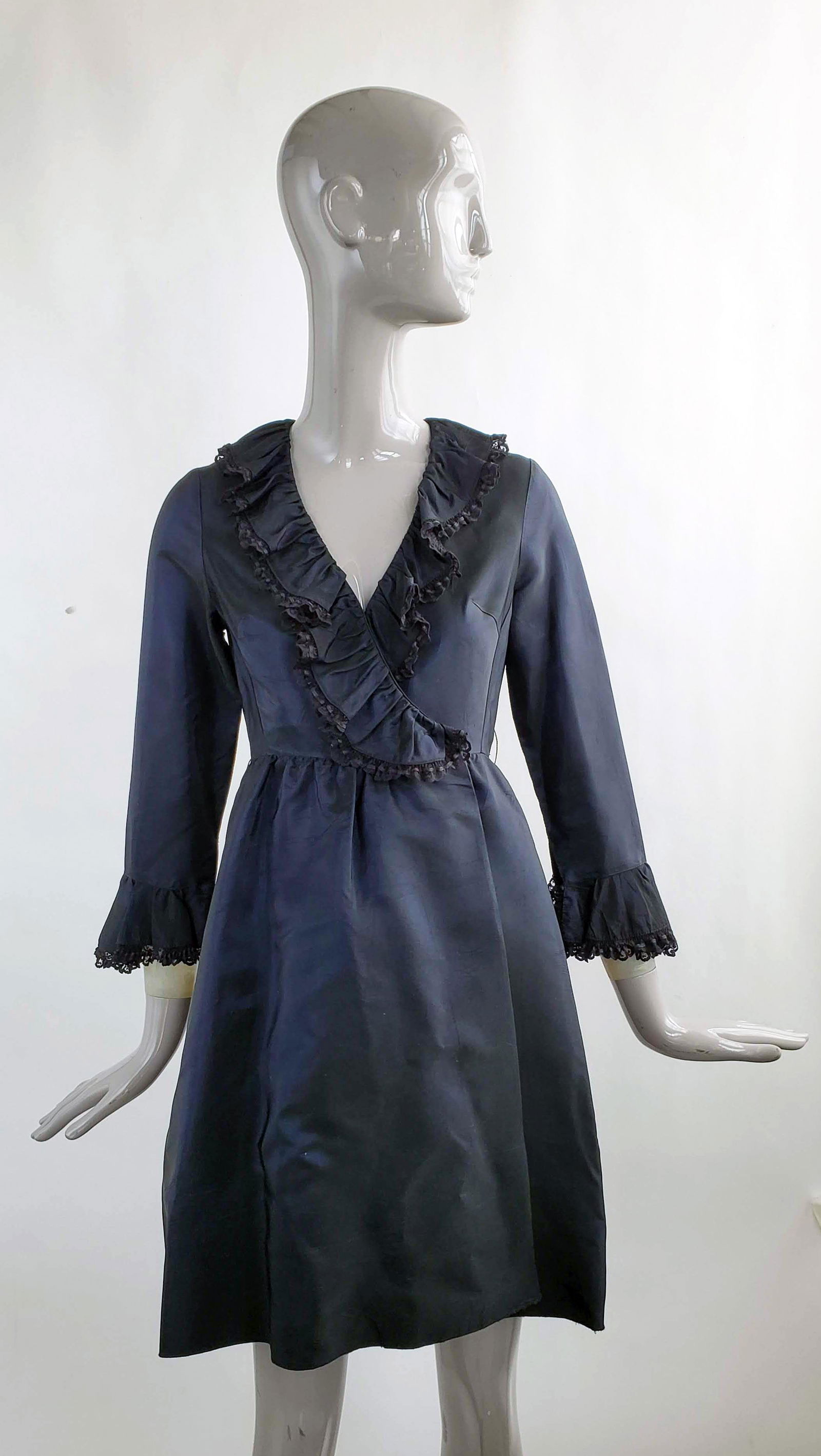 Anna Sui Navy Taffeta Dress, 2000s: Anna Sui Navy Blue Taffeta Wrap Dress, 2000s. Made in USA, size 2US.