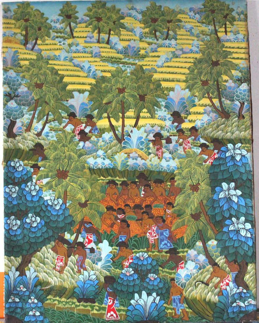 Sukarta Signed Balinese Art Painting, ca. 1970s: Sukarta Signed Balinese Art Painting, ca. 1970s. From village, Bali. Oil on canvas, 35 in x 27 in. Provenance: Private Collection