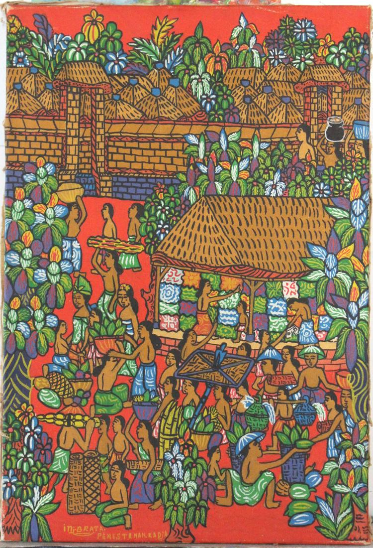 Braja Signed Balinese Art Painting, ca. 1970s: Braja Signed Balinese Art Painting, ca. 1970s. From Penestanan, Bali. Oil on canvas, 42.5 in x 16.5 in. Provenance: Private Collection