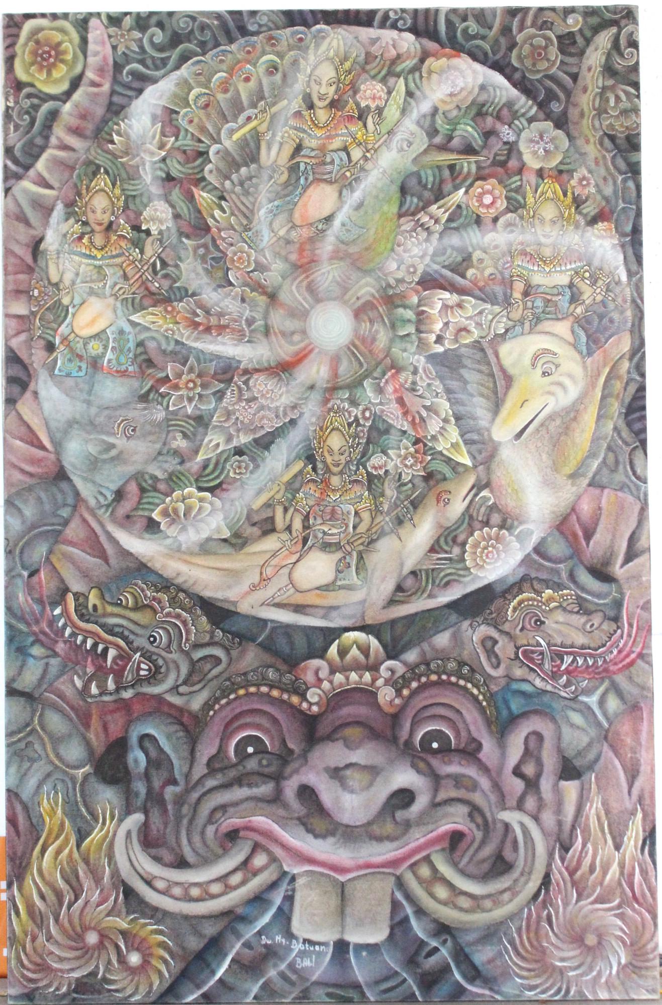 Dw My Signed Balinese Art Painting, ca. 1970s: Dw My ? Signed Balinese Art Painting,dated October 17th, 1972. From Batuan, Bali. Oil on canvas, 34.75 in x 22.5 in. Provenance: Private Collection