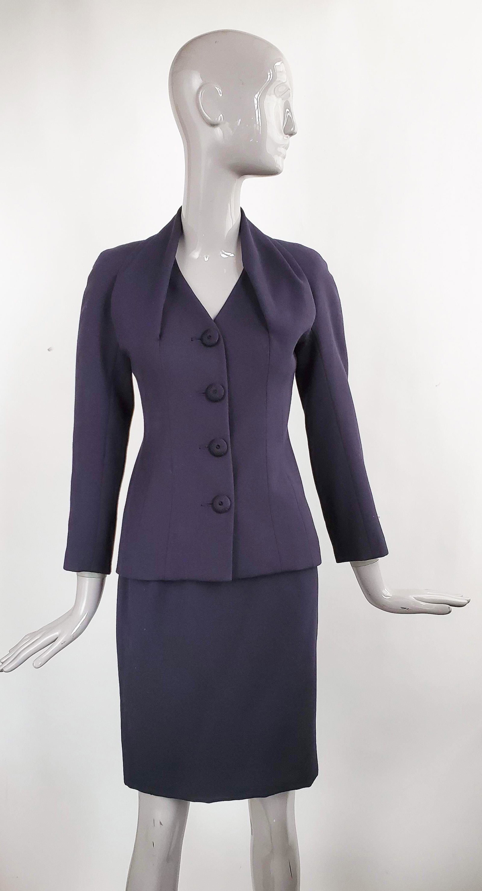 John Galliano Blue Wool Crepe Suit, 1990s: John Galliano Paris Blue Wool Crepe Suit, 1990s. Lined with silk.