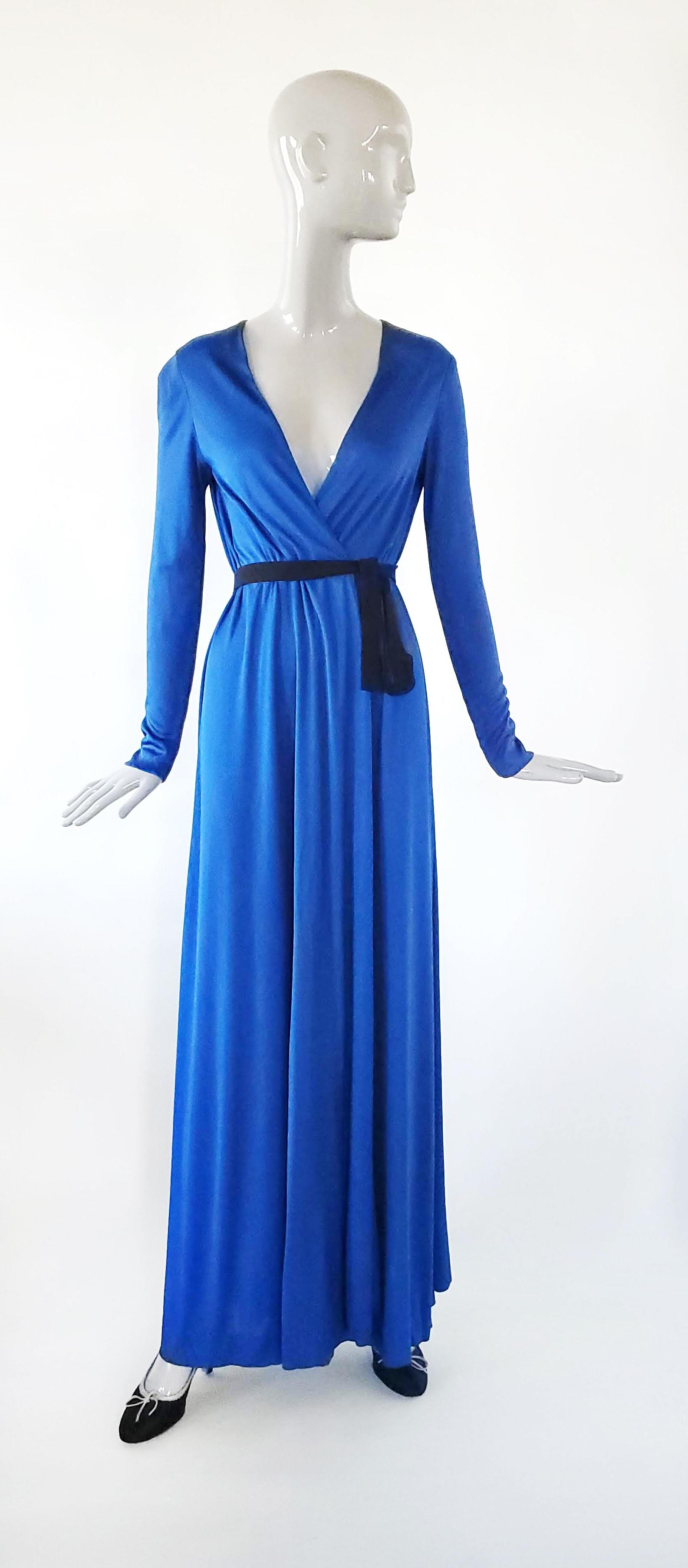 Halston Blue Silk Jersey Evening Coat, 1970's: Halston Blue Silk Jersey Evening Coat, 1970's. It can also be worn as a dress with a belt. (Belt is not included.)