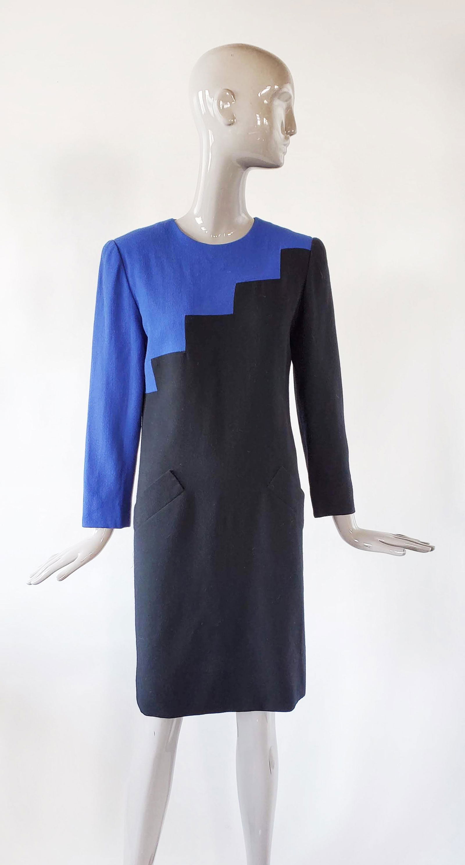 Helga Saks Fifth Ave Color Block Wool Dress 1980s (1 of 3)