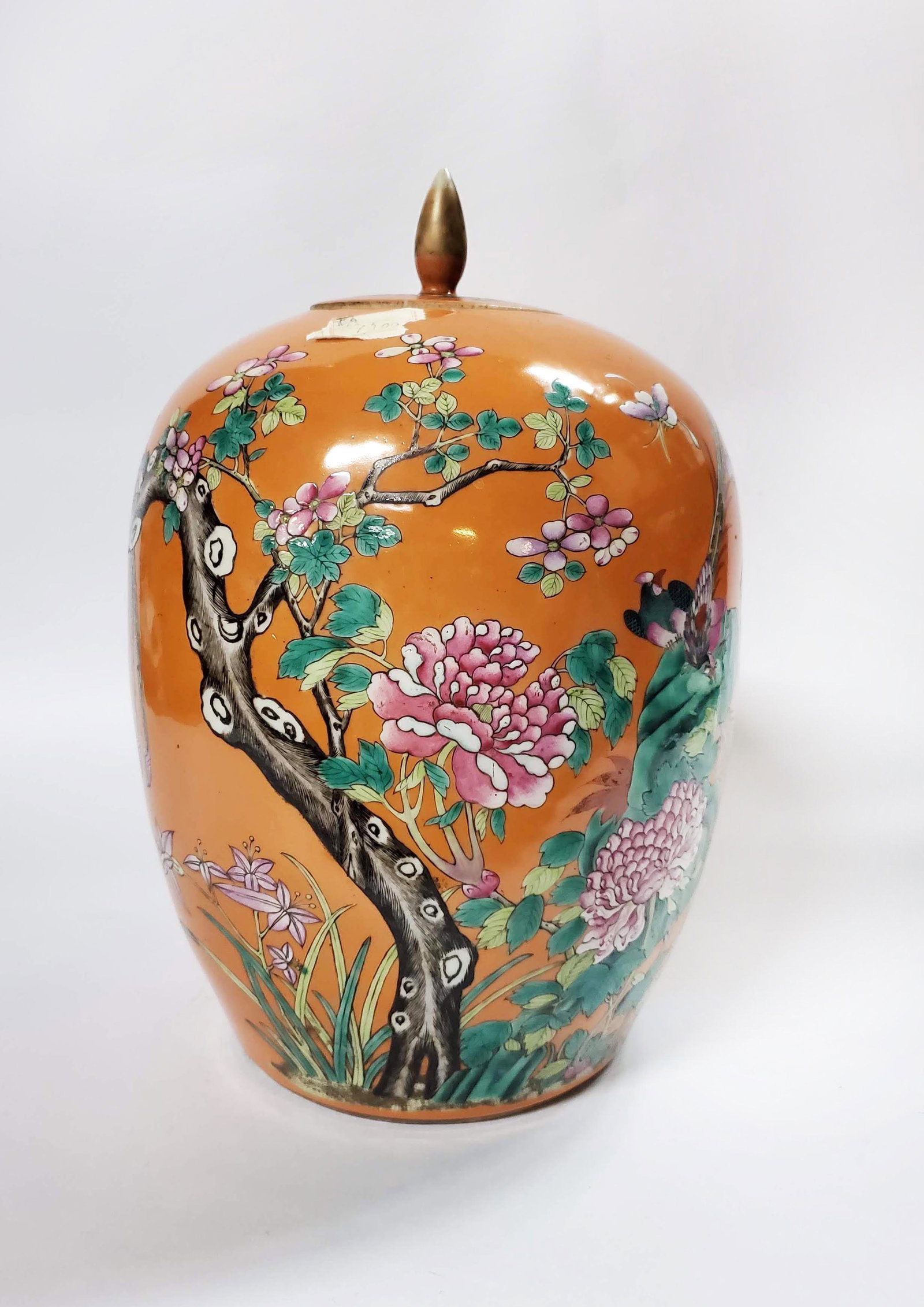Antique Chinese Famille Rose Coral Jar: Antique Chinese Famille Rose Coral background porcelain jar, H. 13.25 in.