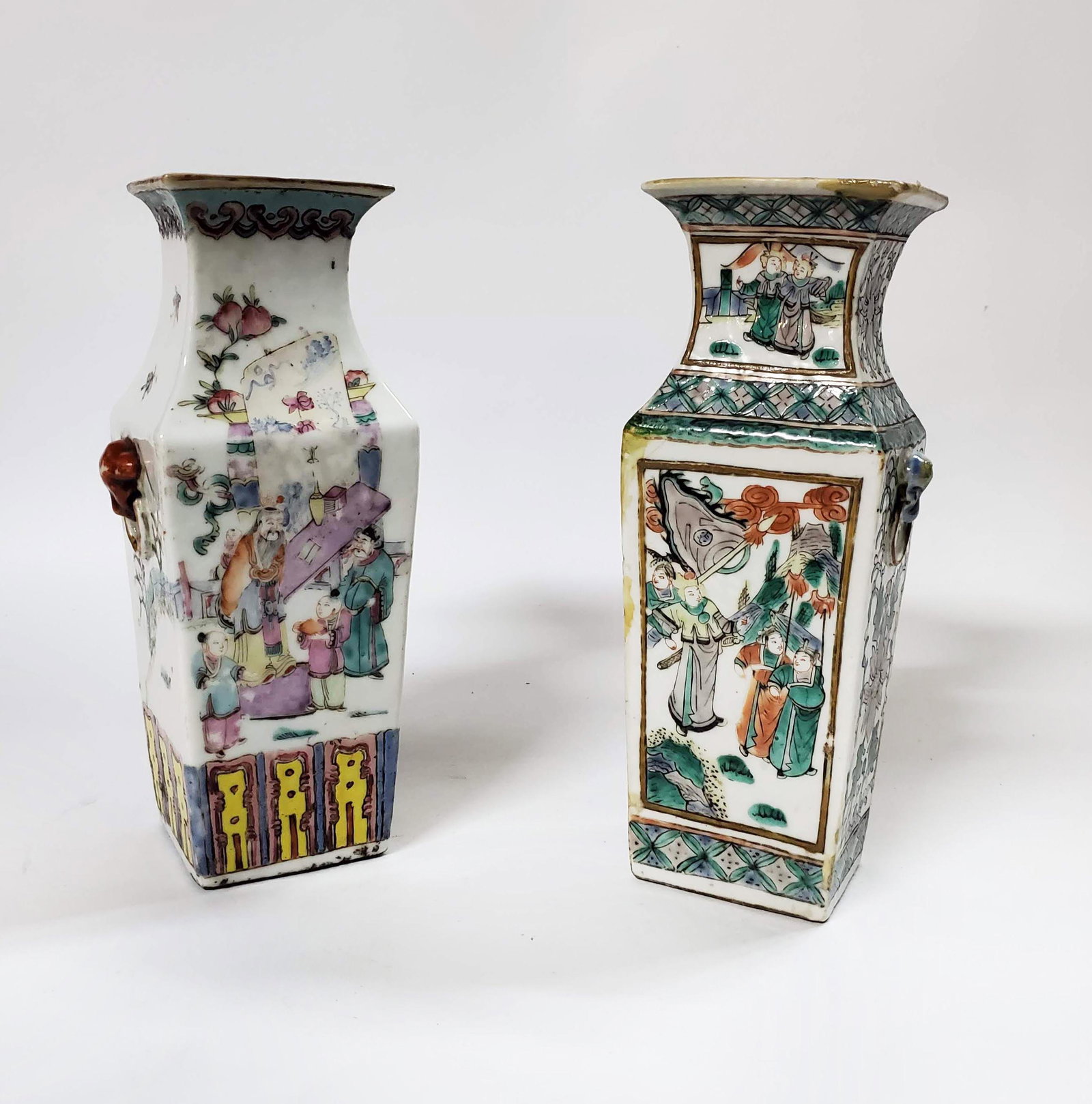2 Antique Chinese Famille Rose Square Vases: Antique Chinese Famille Rose & Famille Verte Square Vases, taller; h. 9 in.